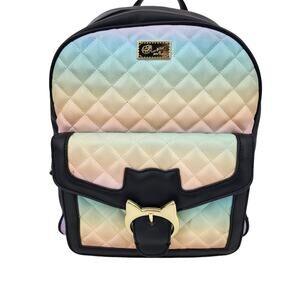 Betsey Johnson Rainbow Quilted Cat Clasp Zipper Front Pocket Ombre Backpack